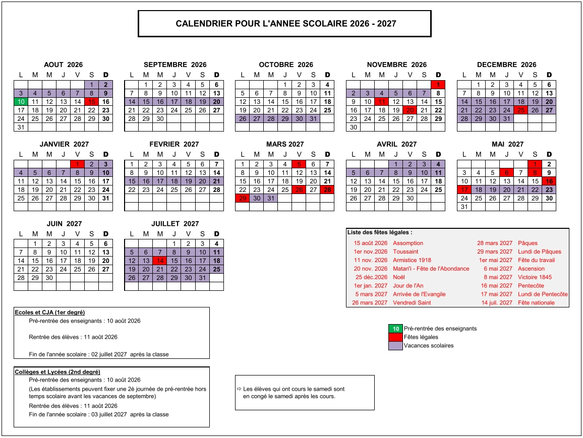 Calendrier scolaire 2026-2027